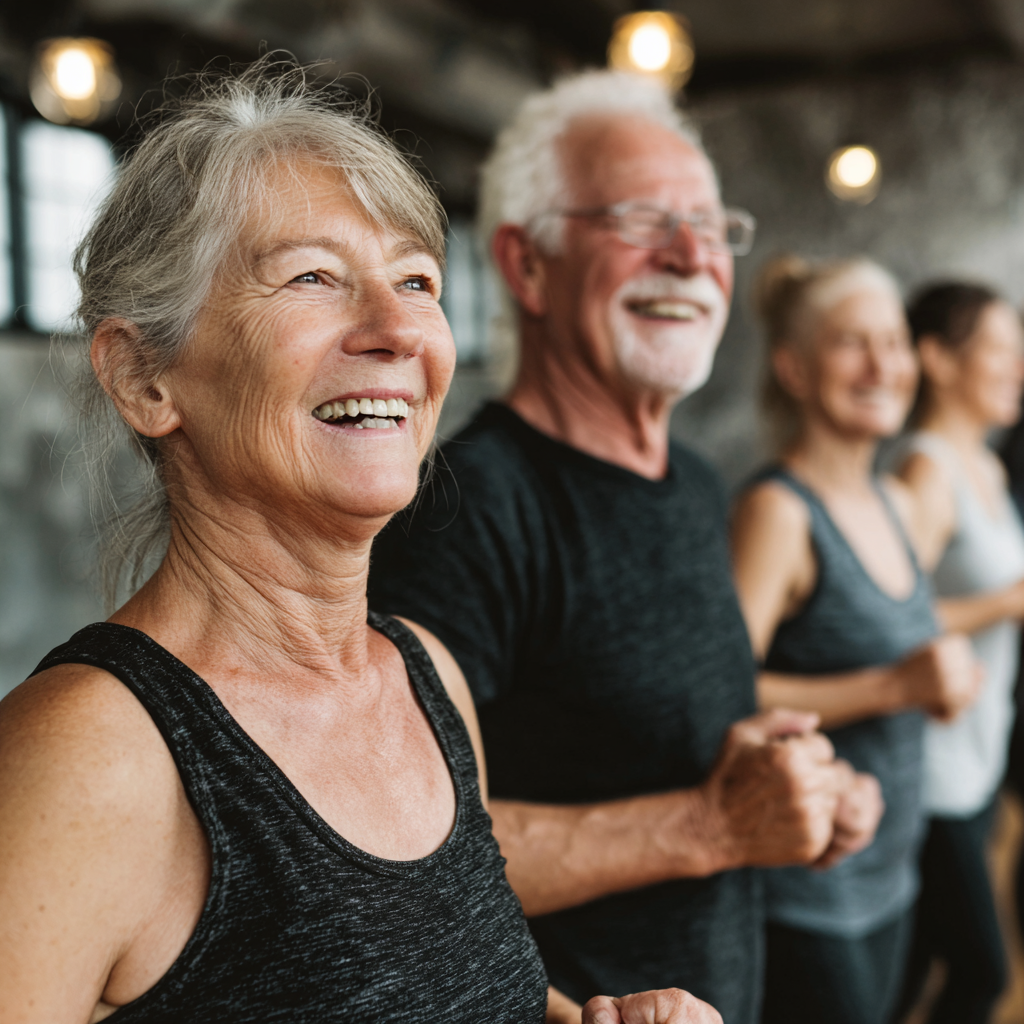 Smiling elderly European couple doing gentle stretching exercises outdoors in a park, showing joy and vitality