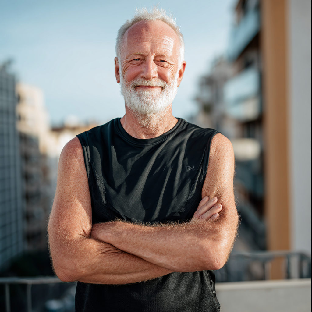 Active elderly European man and woman walking together in nature, both smiling and wearing comfortable exercise clothing