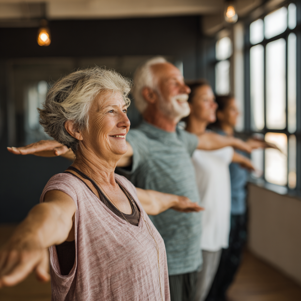 Peaceful elderly European woman doing gentle yoga stretches in a serene indoor setting, expressing calm and well-being