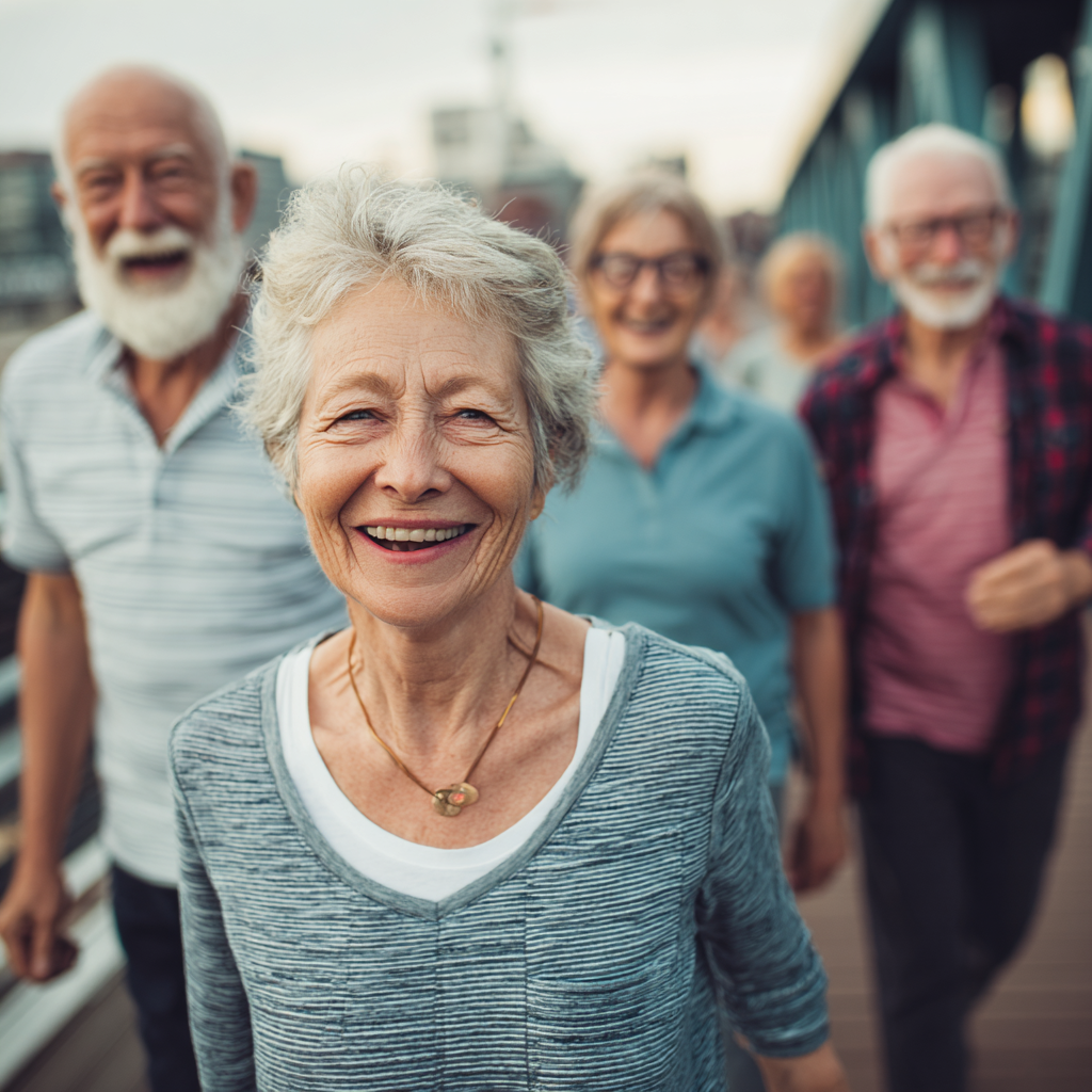 Group of diverse elderly European people exercising together outdoors, all showing happiness and motivation during their fitness activities